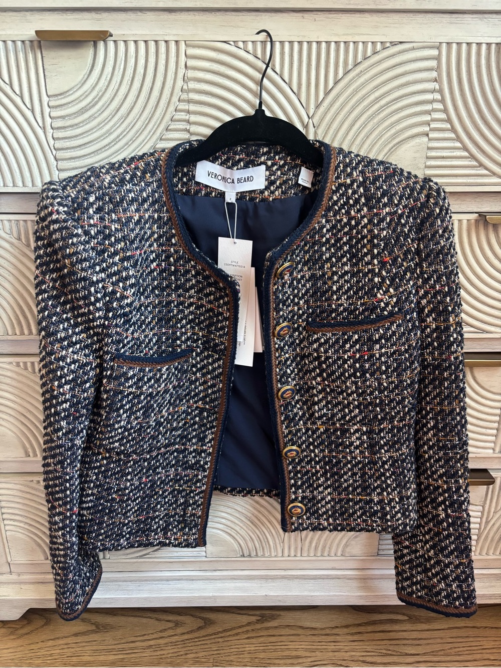 Veronica Beard Multicolor Fleck Navy Tweed Crop Jacket
